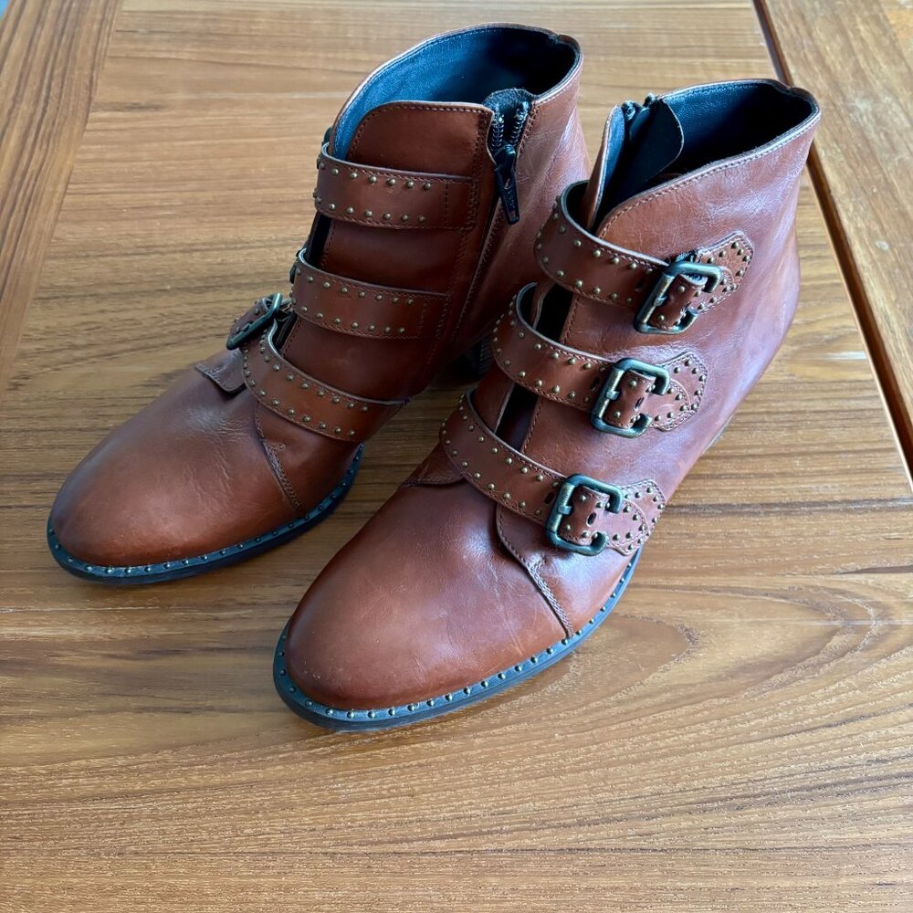 Paul Green Soho Studded Ankle Boots Brown Leather Buckle Booties – US 9